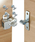 Four Piece Cabinet Door Catches Featuring Bulletproof Magnetic Dampers And Adjustable Metal Mounts For Kitchens And Wardrobes With A Dead Simple Install That Delivers Slick Soft Close Action Every Time, displayed on wooden cabinet doors.