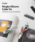 Silicone Cable Ties Reusable Flexible Cord Organizer with adjustable length, shown organizing cables with durable clips.