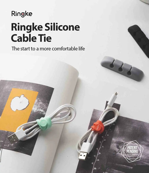 Silicone Cable Ties Reusable Flexible Cord Organizer with adjustable length, shown organizing cables with durable clips.