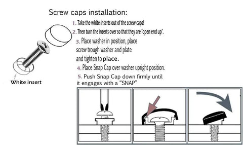Installation guide for Premium Heavy Duty 304 Stainless Steel Motorcycle License Plate Frame components, showing screw cap steps.