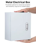 Heavy Duty Wall Mount Stainless Steel Electrical Junction Box Weatherproof Outdoor Power Distribution Enclosure Beefy Thickened Metal Cabinet held by hands.