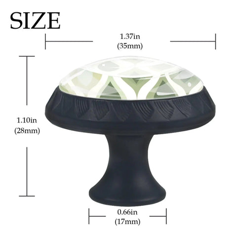 4 Pack Cabinet Knobs With Vintage Ogee Ovals In Sage Green Pattern, showing dimensions and crystal glass top view