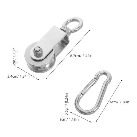 Stainless Steel Dual Bearing Cable Pulley System Block For Hanging Rail Track Roller Heavy Duty And Smooth Operation For Warehouse Factory And Gym Use, with 3.4cm pulley and carabiner
