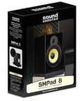 Box of Pair Of SMPad 8 Studio Monitor Isolation Pads For 6.5, 7, And 8 Inch Speakers with high density acoustical foam damping vibrations.