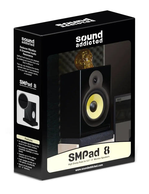 Box of Pair Of SMPad 8 Studio Monitor Isolation Pads For 6.5, 7, And 8 Inch Speakers with high density acoustical foam damping vibrations.