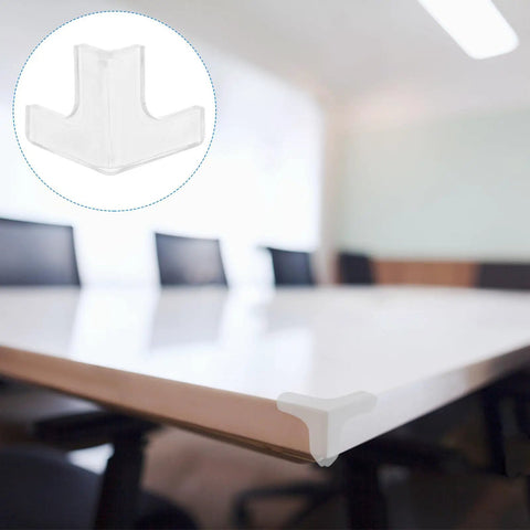 Eight Pack Silicone Corner Protectors on conference table edge, clear view of protector design, no drilling needed.
