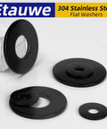 50 Piece M6 X 12mm Flat Washers Black Coated 304 Stainless Steel Heavy Duty Corrosion Resistant Built Rock Solid For Automotive Repair And DIY Projects Zero Rust Nonsense Pro Grade Hardware Bulk Pack displayed on white background.