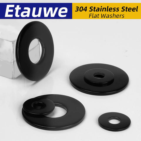 50 Piece M6 X 12mm Flat Washers Black Coated 304 Stainless Steel Heavy Duty Corrosion Resistant Built Rock Solid For Automotive Repair And DIY Projects Zero Rust Nonsense Pro Grade Hardware Bulk Pack displayed on white background.