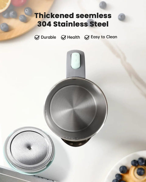 Top view of Compact Stainless Steel Electric Kettle 0.8L Portable For Camping, Travel, Office And Home with open lid