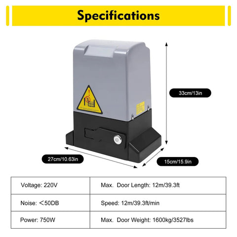 Heavy Duty Sliding Gate Opener Kit 550W Electric Gate Motor 220V IP44 outdoor security with specifications chart