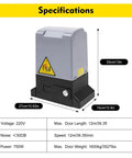 Heavy Duty Automatic Sliding Gate Opener Kit With 750W AC Motor And Two Remotes, dimensions, and safety warning label visible