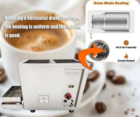 Heavy Duty Full Automatic Gas Coffee Roaster With Big 16.5 Lb Batch, featuring stainless build and drum heating for even roasting.