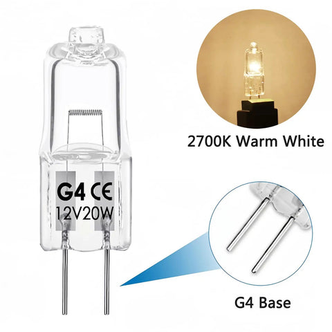 G4 Halogen Bulbs 12V 20W Dimmable Warm White 2700K JC Type 2 Pin G4 Base dual view of bulb and light color