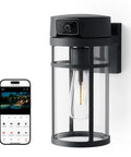 2K HD Outdoor Lantern Camera with Wi Fi, Wall Light Cam, black anti rust steel, showing pan and tilt feature and smartphone display
