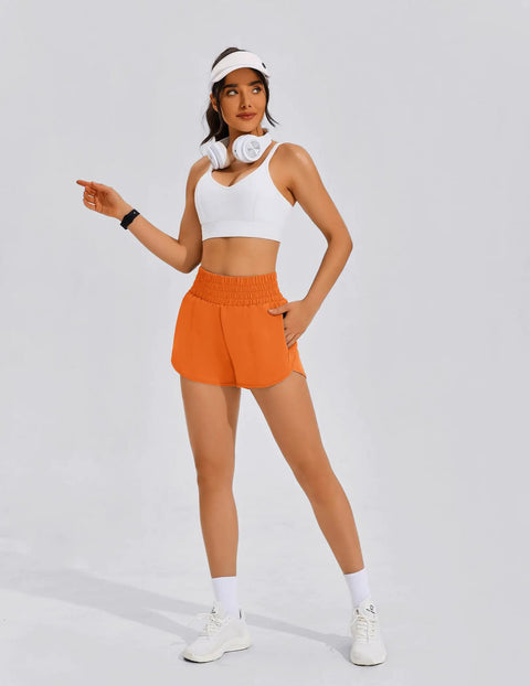 Lightweight Womens Running Shorts With High Waist And Zip Pockets Quick Dry Lining For Training And Gym Use, neon orange shown