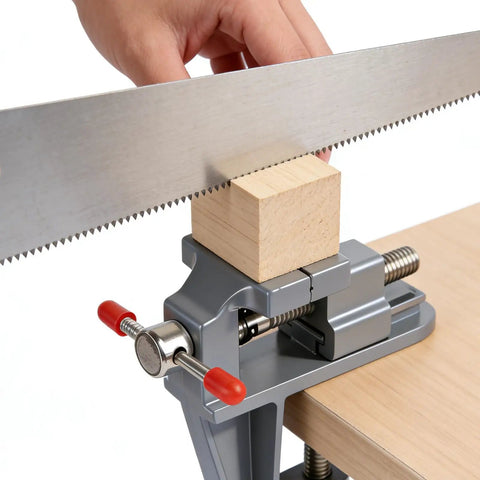 Heavy Duty Cast Iron Bench Vise With 360 Swivel Base gripping a wooden block for precise craft and woodworking projects.