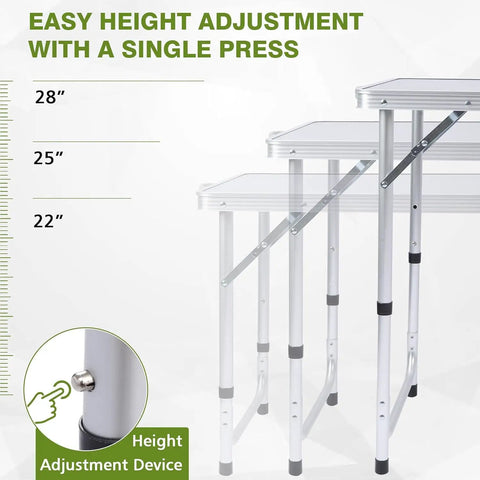 Foldable Camping Table With Storage, Ultra Portable Kitchen Table, Lightweight And 3 Height Adjustable showcasing height settings