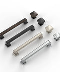 Set of sleek modern kitchen cabinet hardware, matte black, gold, silver cabinet pulls and knobs, various designs and finishes.