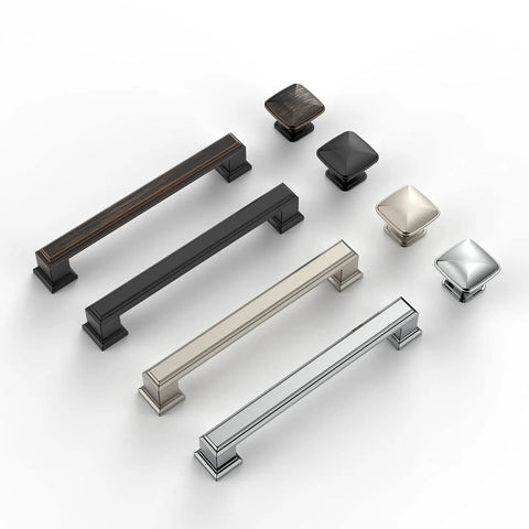 Set of sleek modern kitchen cabinet hardware, matte black, gold, silver cabinet pulls and knobs, various designs and finishes.