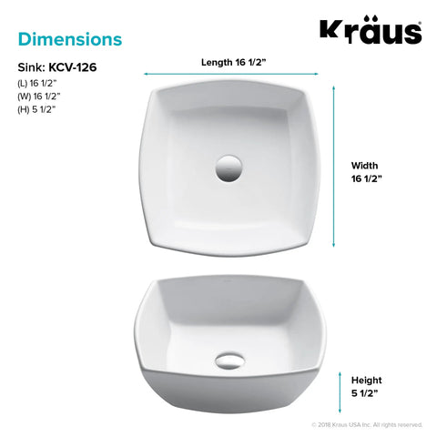 Top and side view of Elavo Square Vessel Sink In White Porcelain Ceramic For Bathrooms, 16.5 Inch, easy to install, model KCV-126