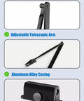 Automatic Door Closer With Adjustable Hydraulic Soft Close No Slam Door Stop, aluminum casing, pivot, and telescopic arm.