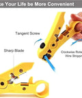Coax Cable Crimp Kit For RG6 RG59 RG11 With Adjustable Crimp Tool And Stripper includes a hand using the tool on a wire