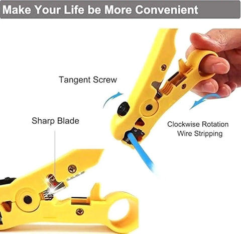 Coax Cable Crimp Kit For RG6 RG59 RG11 With Adjustable Crimp Tool And Stripper includes a hand using the tool on a wire