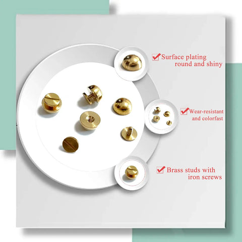 Top Shelf Solid Brass Bottom Guards For Handbags And Totes Round Screwback Feet 8 Pack showcasing brass studs with shiny surface.