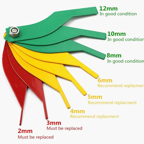 Hella Solid Brake Lining Thickness Gauge Sae And Metric Ruler For Disc And Drum Brakes showing color-coded thickness indicators.