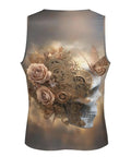 Fly Men's Skull Butterfly Tank Top Loose Fit Summer Sleeveless Tee Vintage Mechanical Workout Shirt back design with skull and roses.