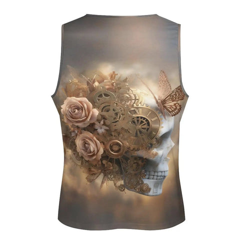 Fly Men's Skull Butterfly Tank Top Loose Fit Summer Sleeveless Tee Vintage Mechanical Workout Shirt back design with skull and roses.