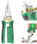 Eight In One Wire Crimping And Stripping Tool with Voltage Detector and Dual Alarms for electricians, shown in use with wires.