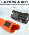 Heavy Duty Automatic Rebar Tie Wire Twister With Electric Power And Carbon Steel Body showing 12.8V 6000mAh battery and orange housing.