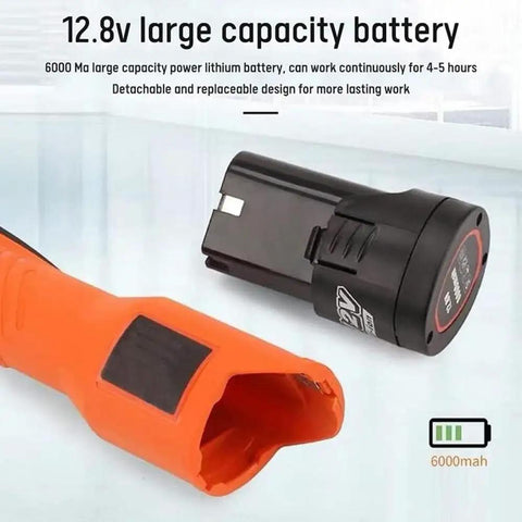Heavy Duty Automatic Rebar Tie Wire Twister With Electric Power And Carbon Steel Body showing 12.8V 6000mAh battery and orange housing.
