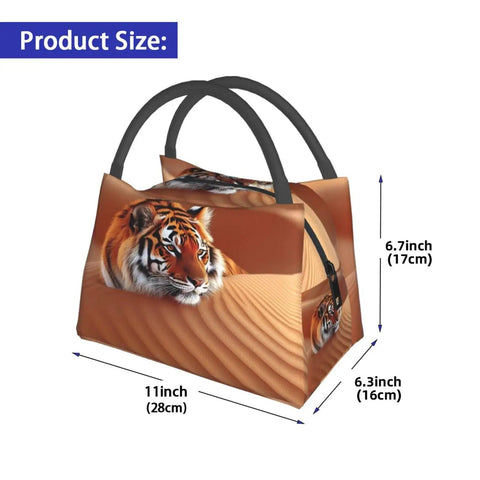 Tigers In The Desert Insulated Lunch Bag With Soft Cooler Tote For Men And Women, showcasing dimensions and tiger design