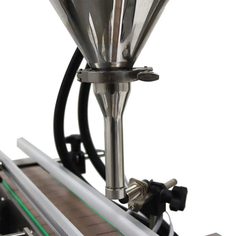 Detail of Automatic Desktop Powder Filling Machine Slick Screw Doser With Conveyor, stainless steel funnel for precision dosing.