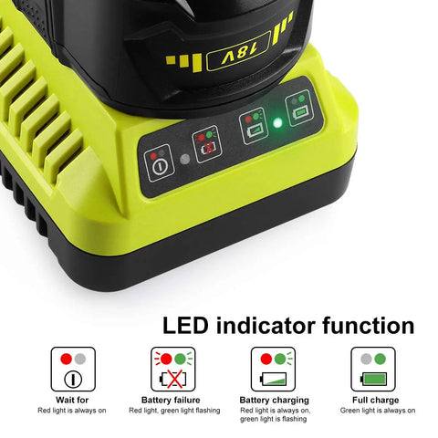 Close-up of LED indicators on 18V Ryobi Replacement Charger For P100 P102 P103 P105 P107 P108 P117 P118 And 18V MAX One Plus Batteries