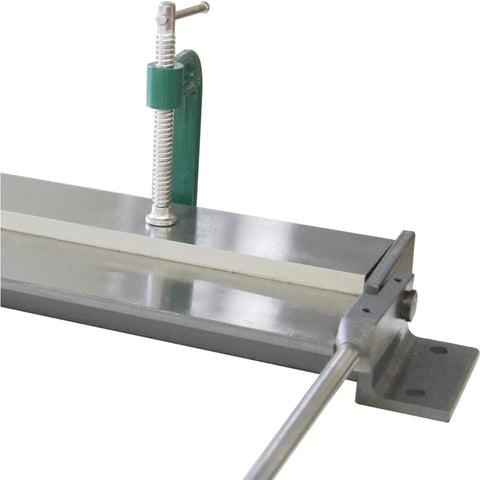 Close-up of 30-Inch Manual Sheet Metal Brake With 2 C-Clamps, Portable Steel Bender Tool, Adjustable 0-90 Degrees For Home Shop.