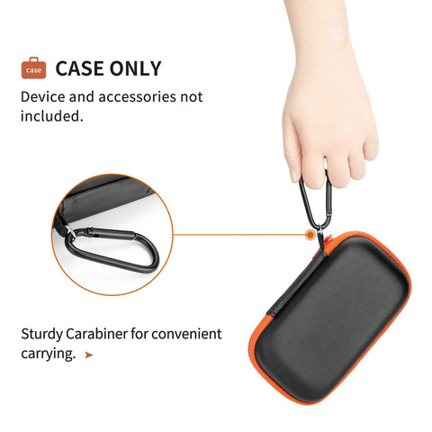 Hand holding Rugged Hard EVA Case For SanDisk Extreme Pro And SanDisk Extreme Portable External SSDs with carabiner clip.
