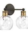 Coastal Bath Vanity Light, 2 Light Clear Glass Globes, Antique Bronze Finish, Urban Industrial Vibe for Bathroom