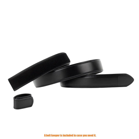 Kick-Ass Genuine Leather Belt Featuring A Secure Hook And Loop Closure For Heavy Duty Mechanics And Tradesmen That Locks Tight Without Annoying Holes For Rock Solid Comfort displayed with belt keeper.