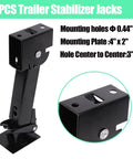 Two Pack Swing Down Trailer Stabilizer Jacks With Seven Inch Drop Leg And Eighteen Inch Adjustable Rod Handle For RV Camper And Travel Trailer Support With Included Mounting Screws No Fuss Install From Twelve To Eighteen Inches; black metal jack with hole measurements and mounting plate detailed.