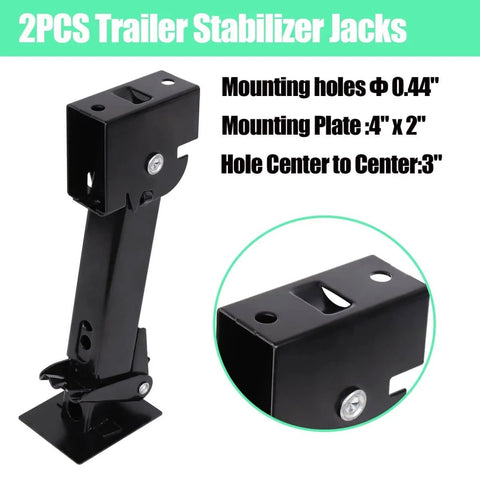 Two Pack Swing Down Trailer Stabilizer Jacks With Seven Inch Drop Leg And Eighteen Inch Adjustable Rod Handle For RV Camper And Travel Trailer Support With Included Mounting Screws No Fuss Install From Twelve To Eighteen Inches; black metal jack with hole measurements and mounting plate detailed.
