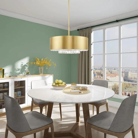 Gorgeous Six Light Pendant Featuring Brushed Nickel Drum Shade And Clear Faceted K9 Crystals hanging over a modern dining table.