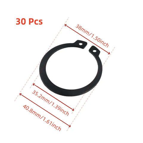 External Circlip Snap Ring Set 30 Pcs 1-1/2 Inch Round Wire Retaining Rings, black finish, with dimensional information.