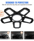 Mega Bright 19800LM LED Garage Light With Five Plus One Adjustable Panels for E26 E27 Bases, shown illuminated with CRI 80+.