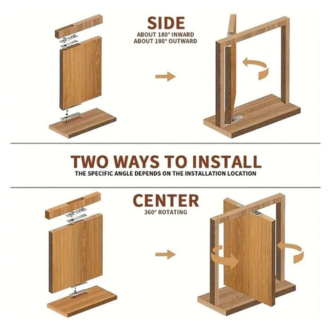 Diagram showing two installation methods for 360 Degree Heavy Duty Pivot Hinge Stainless Steel Hidden Door Hardware for Secret Doors.