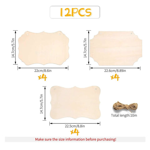 Pack Of 12 Unfinished Rectangular Wood Plaques Measuring 8.8 By 5.7 Inches With Free Burlap Twine For Diy Craft Painting Or Wood Burning, showing different shapes and sizes.