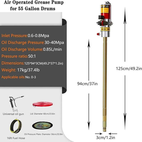 Heavy Duty Pneumatic Grease Pump Kit for 55 Gallon Drums with 16ft Tubing Drum Cover Follower Plate and Grease Gun dimensions and features.
