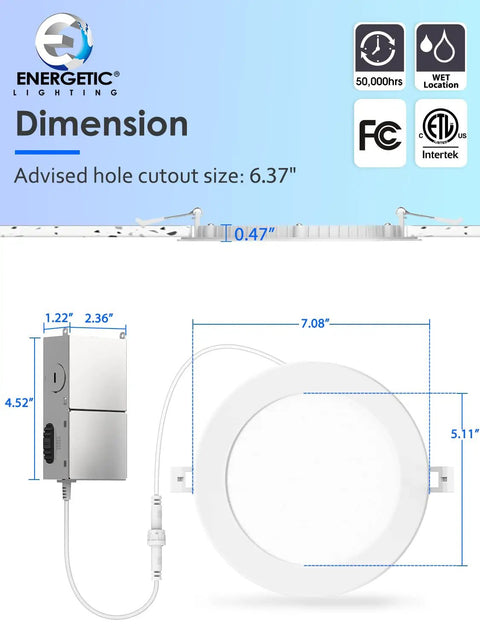 Diagram of 12 Pack 6 Inch Ultra Thin LED Recessed Lighting With Junction Box Canless Wafer Downlight dimensions